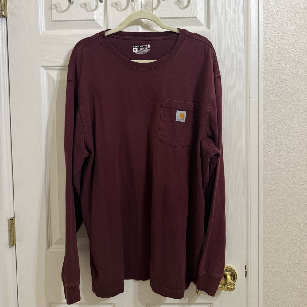 Carhartt Burgundy Crew Neck Long Sleeve Top Loose Fit Logo Detail Pocket